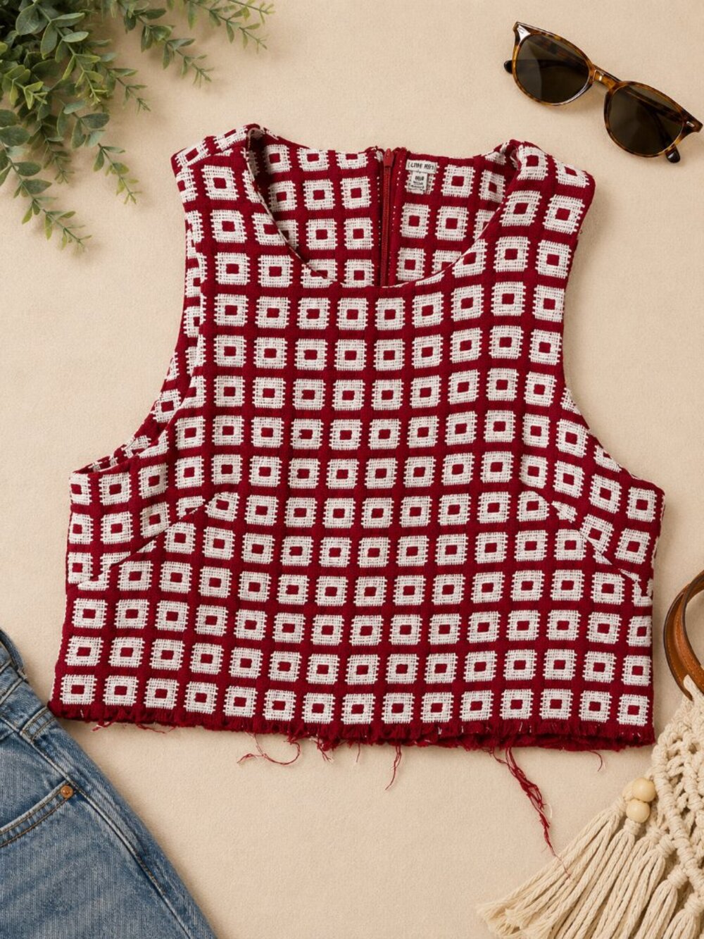 I Love H81 Red White Geometric Woven Crop Vest Raw Hem Artisan Boho Top